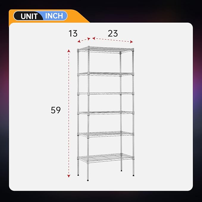 BestOffice Adjustable Wire Shelving Storage Shelves Heavy Duty Shelving Unit for Small Places Kitchen Garage (Chrome, 13" D x 23" W x 59" H)