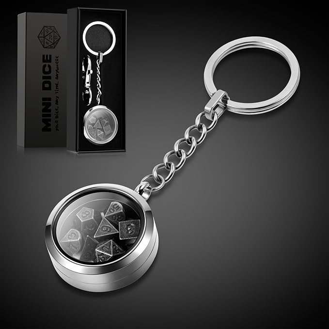 Mini DND Dice,DNDND 6mm Metal Dice Set with Kyechain Silver Stailess Steel Case and Gorgeous Gift Box for Dungeons and Dragon D&D Game (Iron with Silver Case)