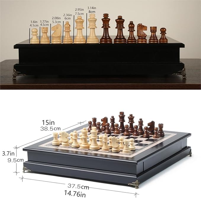 15 "Wooden Chess Set, Large Size Board, Built-in Storage Drawer - 2 Extra Queens - Wooden Chess Pieces - Gift wrap, Adult and Children's Board Games