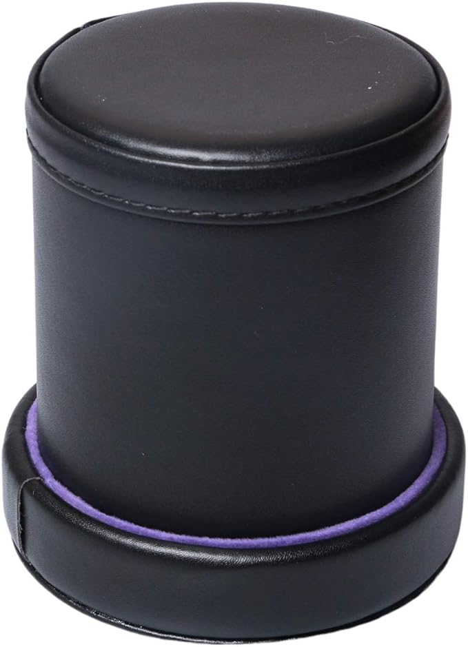 PU Leather Dice Cup with Lid, Purple Velvet Interior Quiet Dice Shaker Cup Including 6 Purple Translucent Dice for Liars Dice/ Farkle/ Yahtzee Games, 1 Pack
