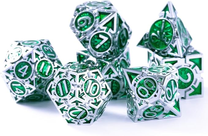 RULE DICE DND Metal Dice Set, D&D Dungeons and Dragons Dice, Cool Large Weighted 7 die Green Metal DND Dice Set, RPG MTG Role Playing Polyhedral Dice Set with D & D Gifts Box, D and D Dice Set