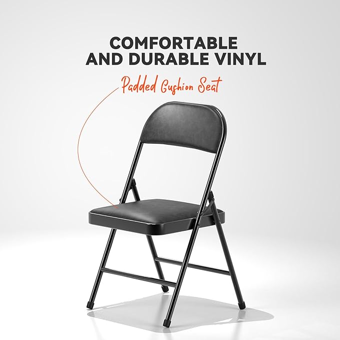 Nazhura 4 Pack Folding Chairs with Padded Cushion and Back, Khaki Metal Chairs with Comfortable Cushion and Durable Steel Frame for Home and Office, for Indoor and Outdoor Events (Black, 4 Pack)