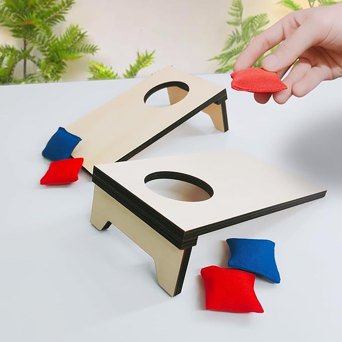 2PCS Mini Tabletop Cornhole Boards, 4.7" W x 7.7" L Wooden Desktop Toss Game with 8 Bean Bags, Portable Game Set for Travel Home