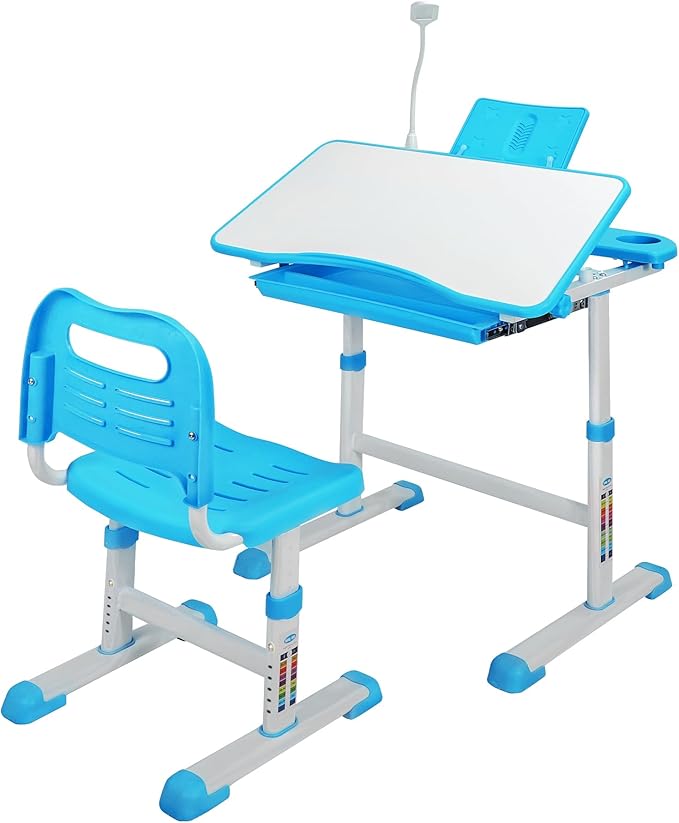 Adjustable Student Desk and Chair Set, 3-15 Kids School Desk with Drawing Tilt Desktop/LED Light/Cup Holder/Bookstand/Storage Drawer, Study Desk for Boys & Girls,Blue