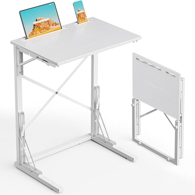 21''Wx28''H Folding TV Tray for Eating, Small Foldable C-Shaped Tray Table with Tablet and Phone Slots, Slide Under Couch Side Table for Recliner, Living Room, Bedroom, White