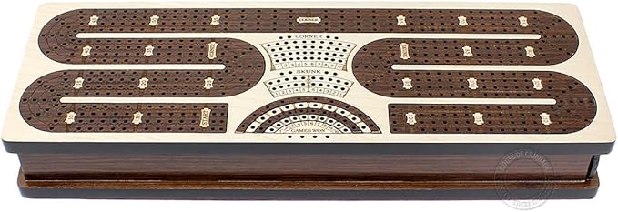 Continuous Cribbage Board/Box Inlaid in Maple/Rosewood : 4 Track - Storage Drawer for Pegs & Playing Cards - Score Marking Fields for Skunks, Corners and Won Games
