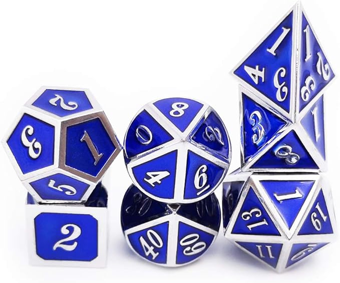 Haxtec Metal Dice Set D&D Silver Navy Blue Metal Polyhedral DND Dice for Dungeons and Dragons-Glossy Enamel Dice (Silver Navy Blue)