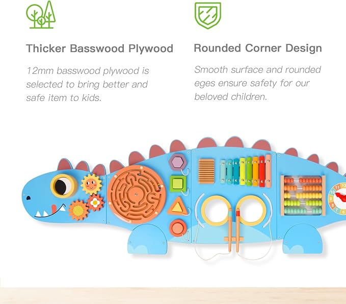 Dinosaur Sensory Wall Panel for Kids,10-in-1 Wall Toys for Toddlers, Montessori Busy Board, Activity Wall Busy Board Suitable for Toddler Playroom Bedroom Decor