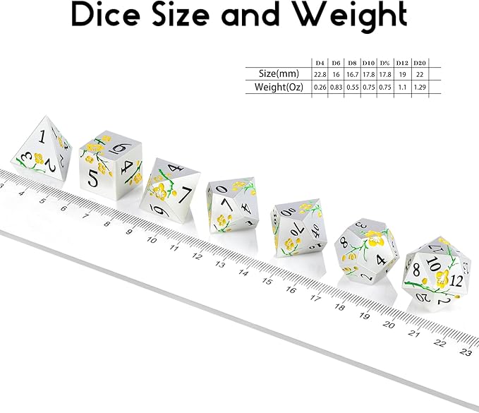Silver Metal DND Dice, DNDND 7 PCS Heavy Flower Metallic D&D Dice Set with Gorgeous Gift Case for Dungeons and Dragon Tabletop Game (Matte Silver with Yellow Flower)