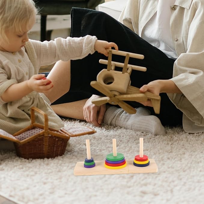 2 Pcs Wooden Tower of Hanoi Puzzle Game, Multi-Color Logic Toy for Adults and Kids, 7.48x3.54x4.72 Inch, Brain Teaser for Home Decor and Party Fun