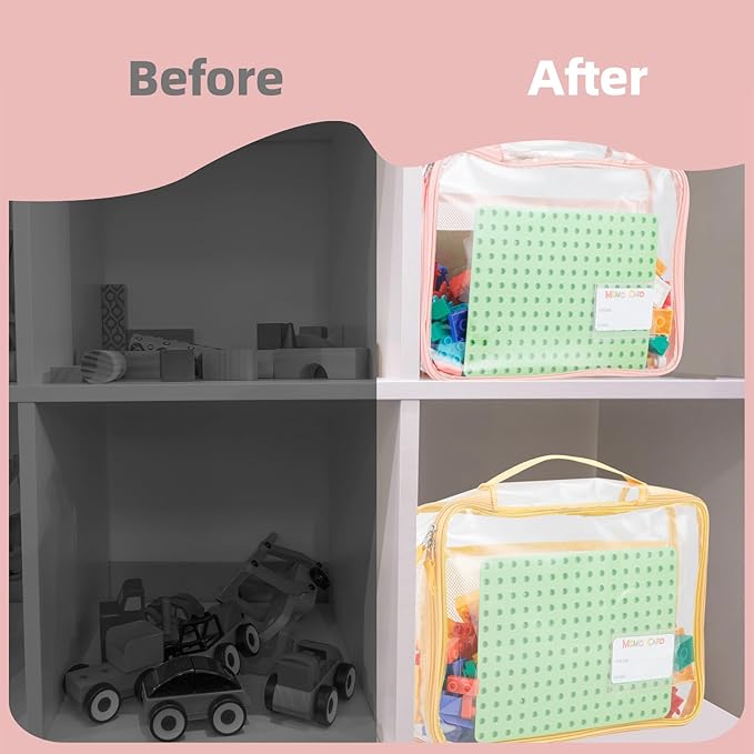 4-Pack PVC Waterproof Toy Storage Bags(Label, 10 Memo Cards), Large 13.8" x 3.2" x 10" Clear Double Zipper Organizing Bags with Handle, Magnetic Tiles Blocks Board game Storage Organizer Case