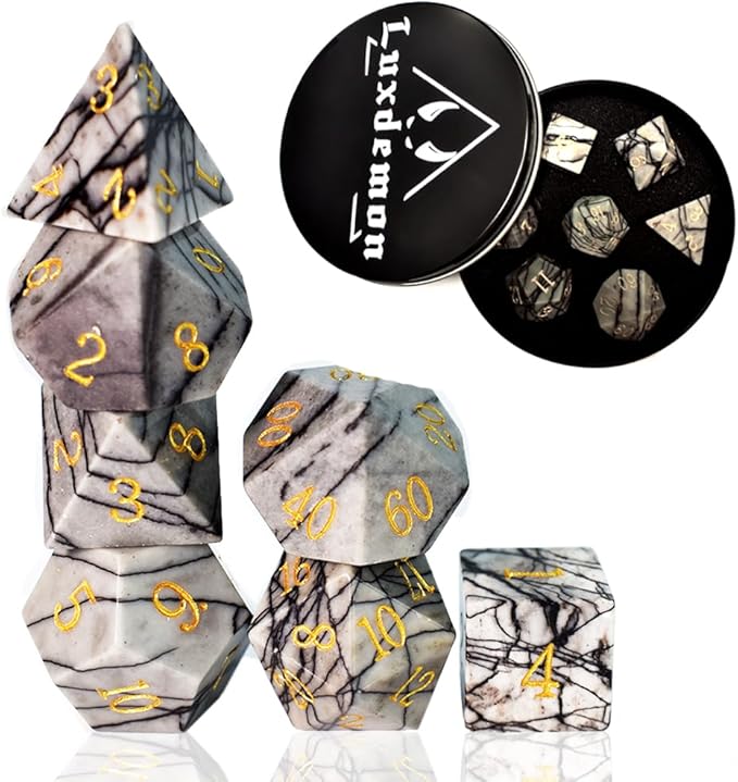 Real Gemstone DND Dice Sets, Handmade Black Network Stone D&D Board Game Dice,RPG Dice Set