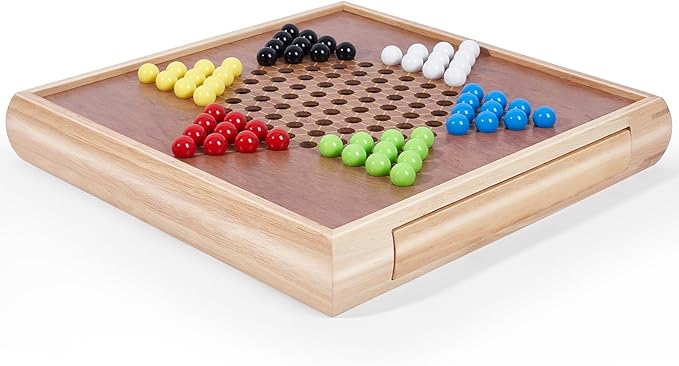 VAMSLOVE 13" Chess Chinese Checkers 2 in 1 Wooden Board Game Set with Pieces Storage Drawer - 2 Extra Queens, Bonus Marbles, for Birthday Gift (Instructions Included)