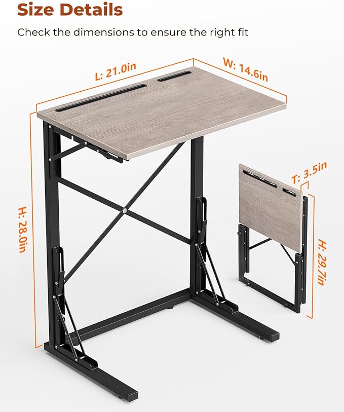 21''Wx28''H Folding TV Tray for Eating, Small Foldable C-Shaped Tray Table with Tablet and Phone Slots, Slide Under Couch Side Table for Recliner, Living Room, Bedroom, Greige