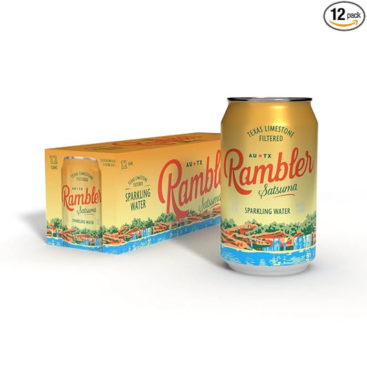 AUTX RAMBLER Sparkling Water, Texas Limestone Mineral Blend, Satsuma Flavor, 12-Ounce Cans, 12-Pack