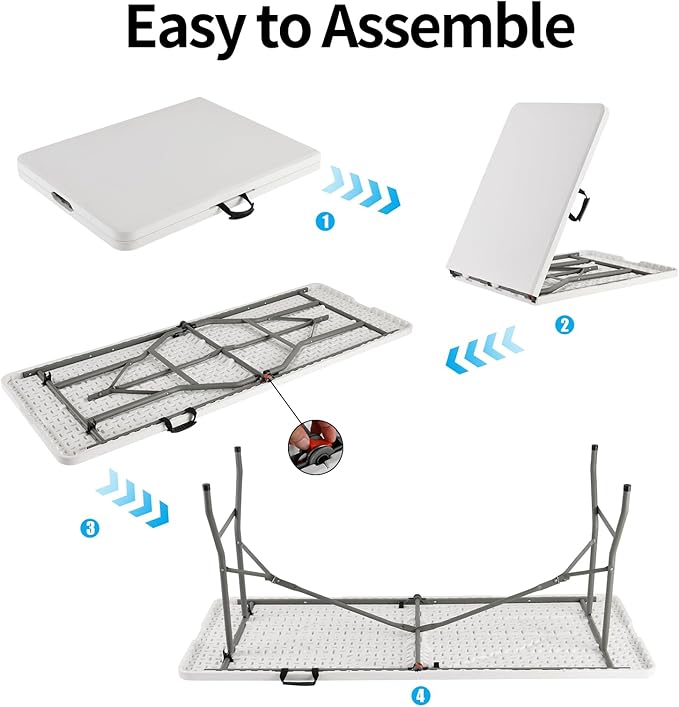 Folding Table, 6 feet Plastic Folding Table for Indoor & Outdoor Activites for Picnic, Camping, BBQ and Party with Carrying Handle, Weight Capacity 330 lbs - White