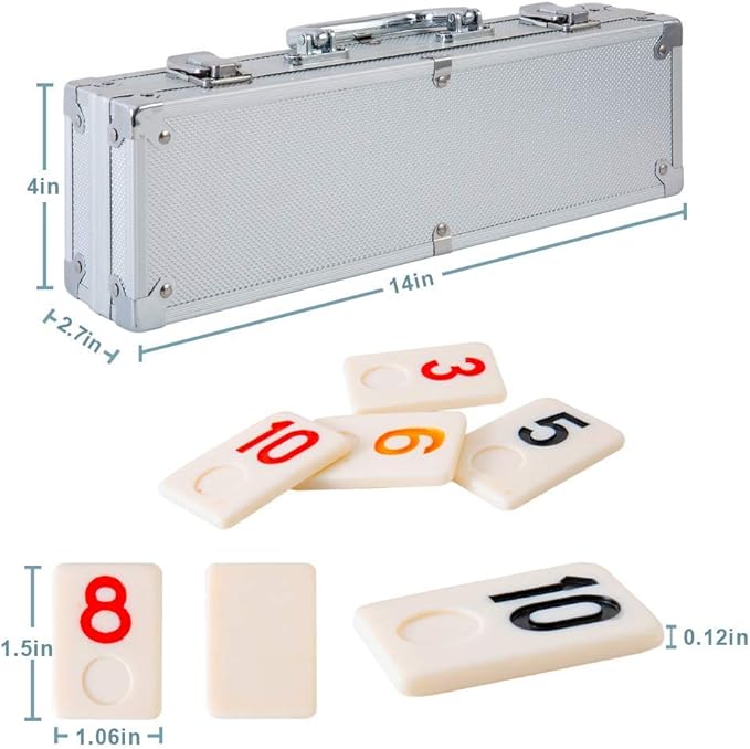 106 Tiles Rummy Game - Travel Games Rummy Board Game Rummy Set with Aluminum Case & 4 Anti-Skid Durable Trays