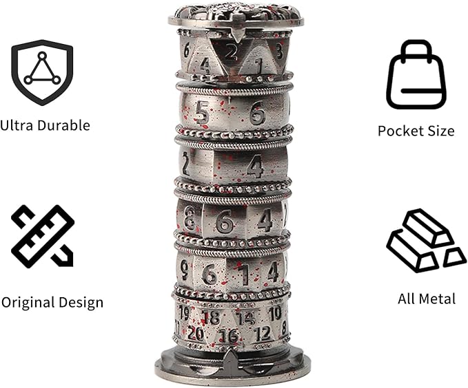 Pagoda Dice Spinner, 7 in 1 Metal Unique Roulette Dice for Sci-Fi, War, Crime Theme Tabletop Games