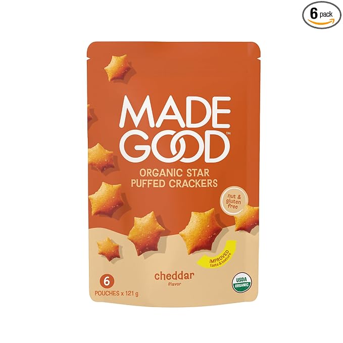 MadeGood Cheddar Star Puffed Crackers (6 Bags - 4.26 Oz Each) Gluten Free and Organic, Healthy Snacks