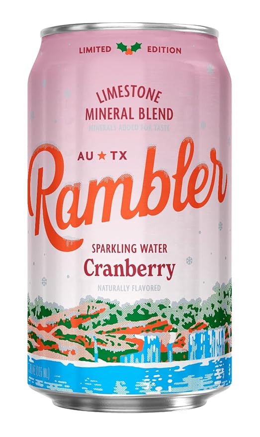 AUTX RAMBLER Sparkling Water, Texas Limestone Mineral Blend, Cranberry Flavor, Limited Edition, 12-Ounce Cans, Three 8-Packs (24 Cans)