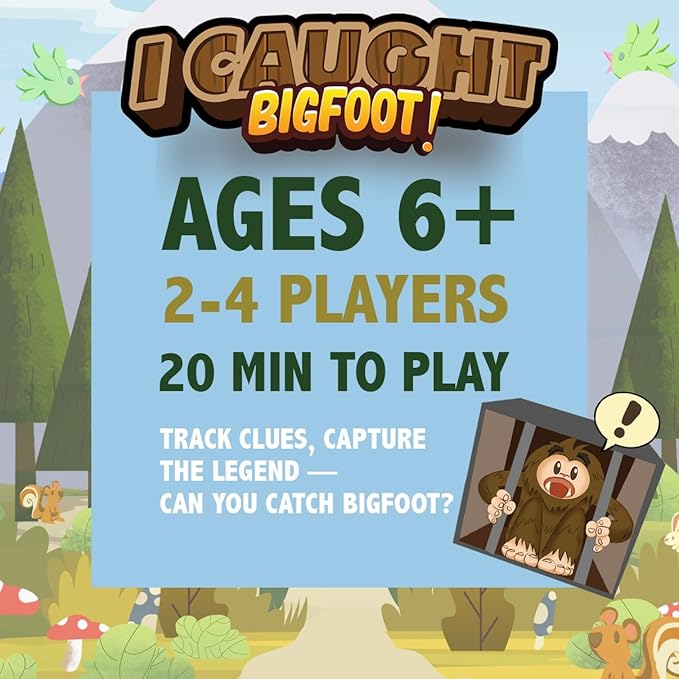 I Caught Bigfoot! - Collect Evidence to Catch The Elusive Bigfoot! Kids Game for Game Night, Family Games for Kids and Adults, Board Game for Family Night, 4 Wooden Pieces, 106 Playing Cards, Ages 6+