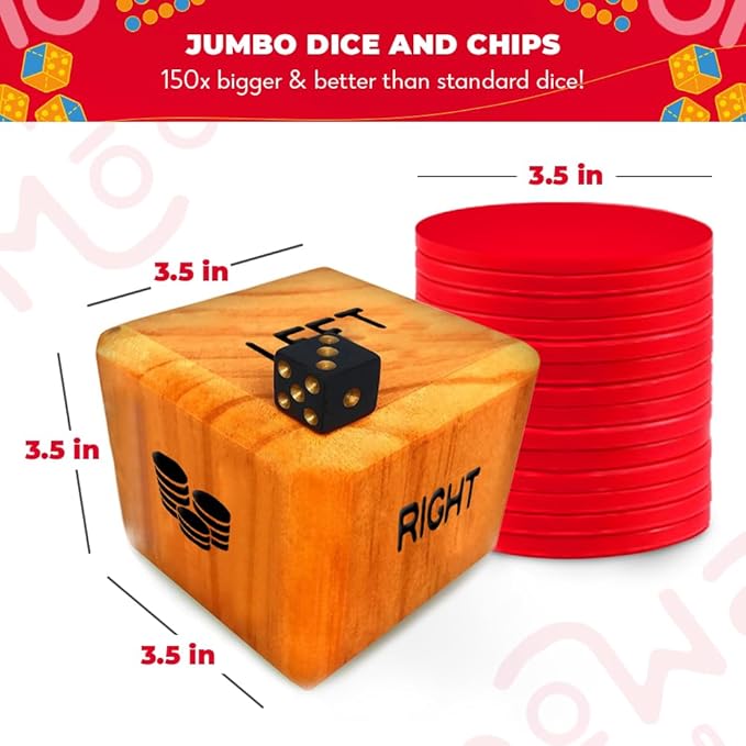 SWOOC Games® - Giant Right Center Left Dice Game (All Weather) with 24 Large Chips & Carry Bag - Jumbo Wooden Lawn Game - Big Backyard Games for Family - Indoor/Outdoor - Left Right Center Dice Set