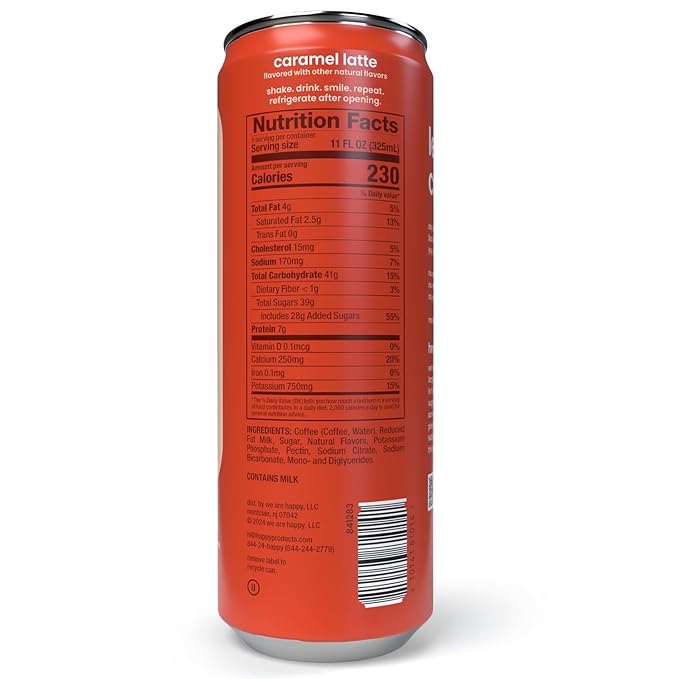 happy coffee canned caramel latte, 11 oz. cans, 12 pack, notes of marshmallow & comfort, 100% arabica beans, no artificial flavors or sweeteners