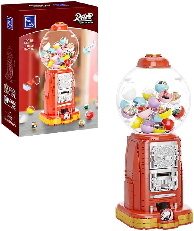 Retro Gumball Machine Building Block Set, with 12 Micro Building Blocks and 12 Lucky Notes for Multiple Gameplay Desktop Collectible-Quality Classic Gumball Machine Assembly Blocks Kit