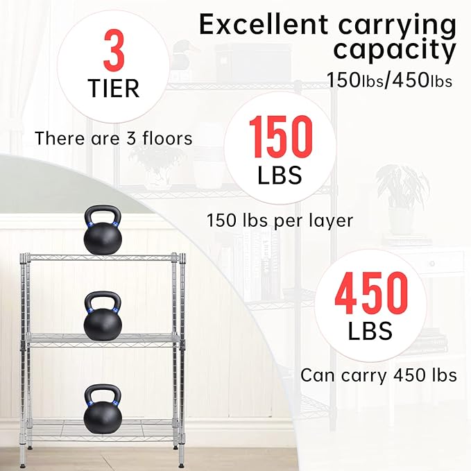 BestOffice 23Lx13.2Wx30.2H Adjustable Metal Storage Shelves 3-Tier Wire Shelving Unit Organizer Wire Rack 450Lbs Capacity for Small Places Kitchen Garage,Chrome