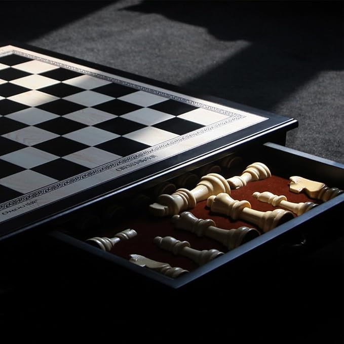 15 "Wooden Chess Set, Large Size Board, Built-in Storage Drawer - 2 Extra Queens - Wooden Chess Pieces - Gift wrap, Adult and Children's Board Games