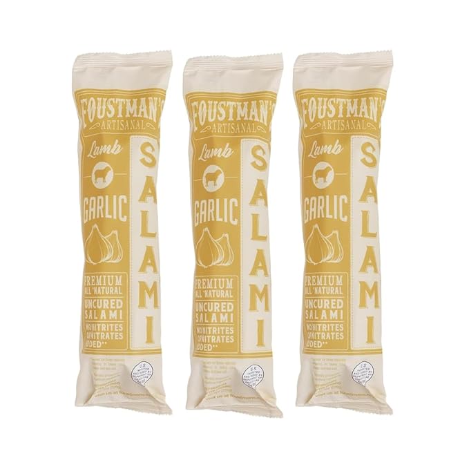 Foustman's Salami Garlic Lamb Artisanal, Nitrate-Free, Naturally Cured, Gluten-Free, Dairy-Free, No Pork, Pack of 3, 8 Oz Each
