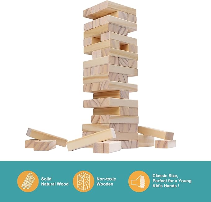 Wooden Stacking Blocks Game - 54 pcs Tumbling Tower Set for Kids & Adults, Family Board Games Indoor/Outdoor, Educational STEM Toy with Natural Wood Blocks, Portable Stacking Toys Party Games