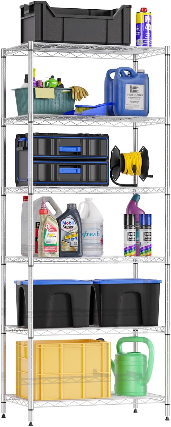 FDW 6-Shelf Adjustable,Storage Shelves Wire Shelving Shelving Unit Metal Shelves Storage Shelf,13" D x 23" W x 59" H,Chrome