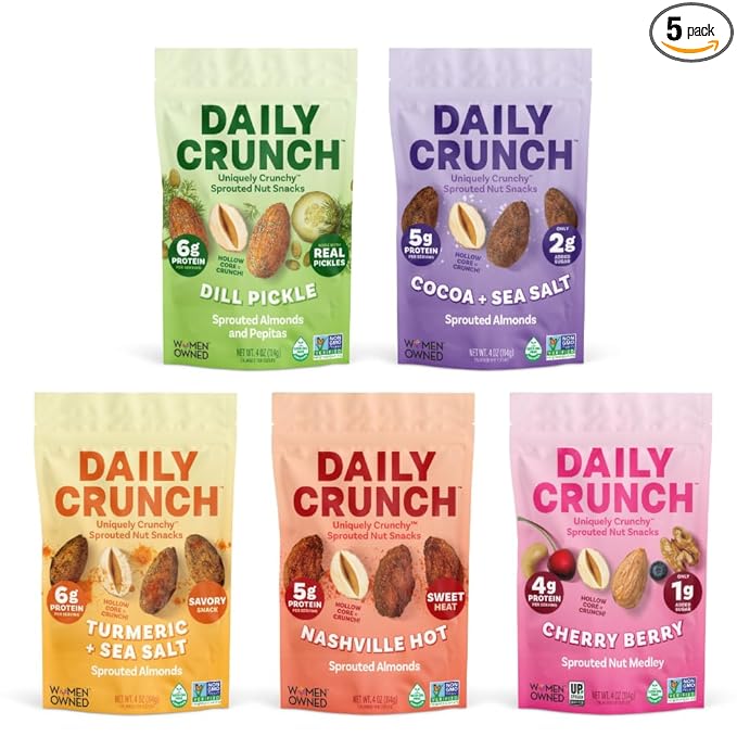 Daily Crunch Sprouted Almonds, 4oz Pantry Resealable Bags (Family Pack, 5 Pack) (Packaging May Vary, Contains: Dill Pickle, Cocoa and Sea Salt, Turmeric and Sea Salt, Nashville Hot,Cherry Berry)