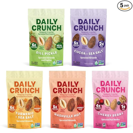 Daily Crunch Sprouted Almonds, 4oz Pantry Resealable Bags (Family Pack, 5 Pack) (Packaging May Vary, Contains: Dill Pickle, Cocoa and Sea Salt, Turmeric and Sea Salt, Nashville Hot,Cherry Berry)