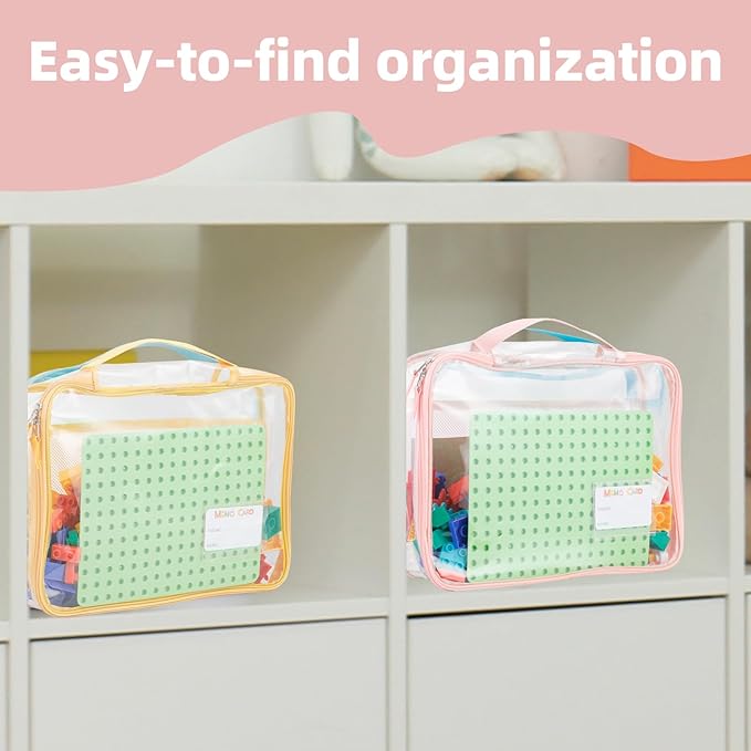 4-Pack PVC Waterproof Toy Storage Bags(Label, 10 Memo Cards), Large 13.8" x 3.2" x 10" Clear Double Zipper Organizing Bags with Handle, Magnetic Tiles Blocks Board game Storage Organizer Case