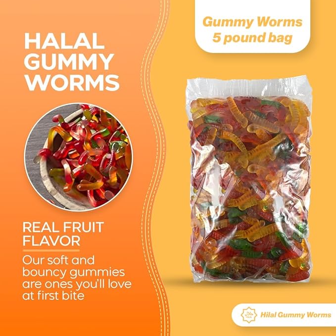 Halal Gummy Worms 5lb Bag - Multi-color Gummy Worms Bulk Candy - Stuffed with Sweet Gummies Candy - Tasty Candy Gummies & Candy Gift for All Occasions