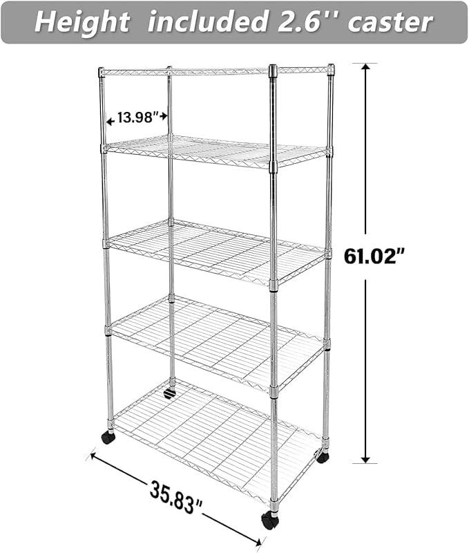 YSSOA Heavy Duty 5-Tier Storage Shelving Unit, 35.83" W x 13.98" D x 61.02" H, 1250 Lbs Loading Capacity, Chrome