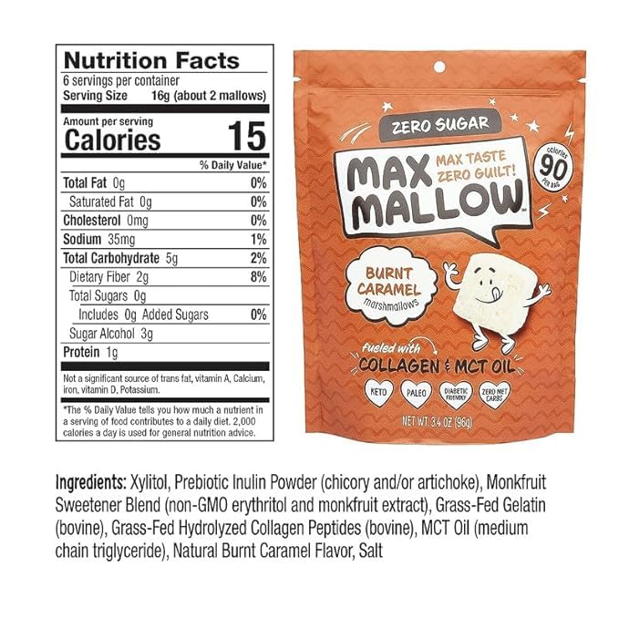 Max Mallow Sugar Free Marshmallows - Keto Friendly, Perfect for S'mores, Hot Chocolate, and Baking with Zero Sugar Snacks, Smores Mct Oil Zero Sugar Marshmellow Marshmallow Burnt Caramel, 2 Pack