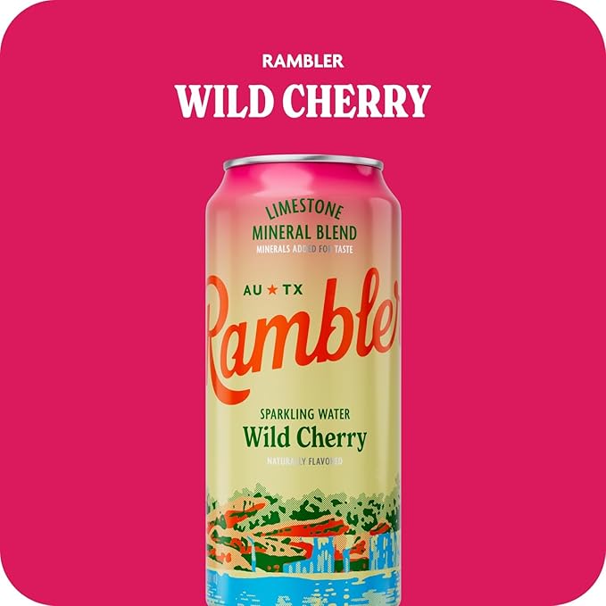 AUTX RAMBLER Sparkling Water, Texas Limestone Mineral Blend, Wild Cherry Flavor, 16-Ounce Tallboy Cans, 12-Pack
