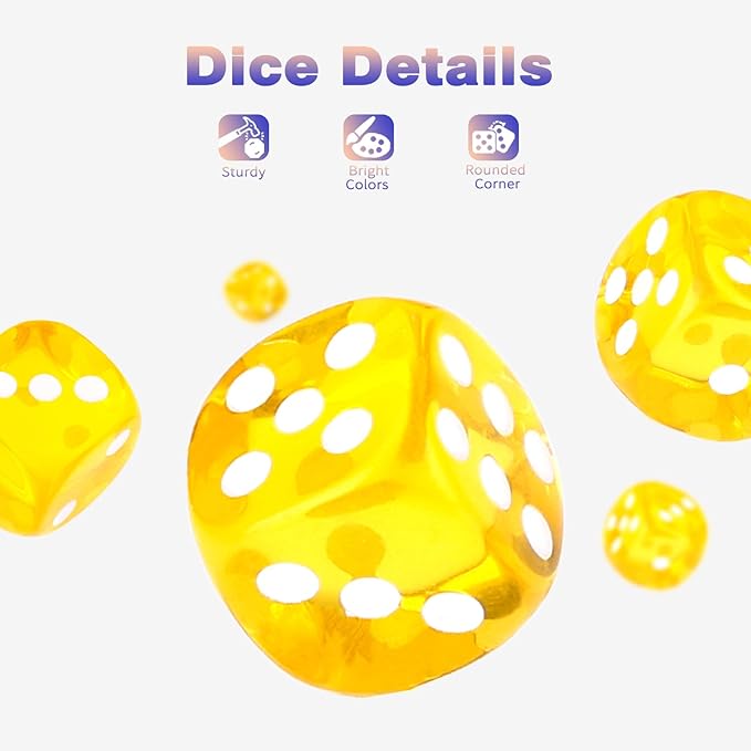 36 Pieces 12mm 6 Sided Mini Dice Set,Translucent Colors D6 Game Dice Set,6 Sided Standard Game Dice for Board Games Dice Games Classroom Teaching Dices Game,with Portable Gaming Box(Yellow)