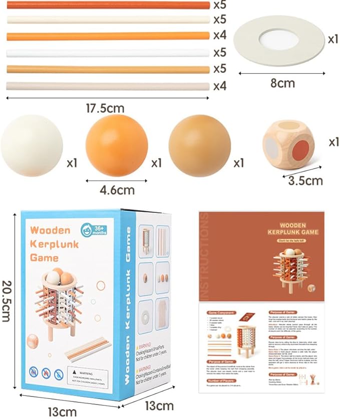 Montessori Toys for 3 Years Old - Wooden Tower Sticks Game, 3-in-1 Ball Drop and Pick-up Sticks Game with Dice - Balance Toy for Patience Training