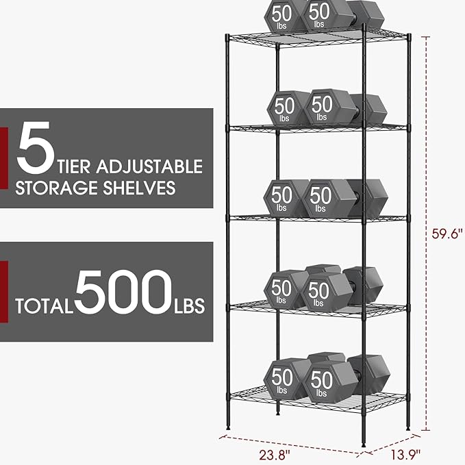 Large Wire Shelving Unit 5-Tier Metal Storage Shelves Heavy Duty Garage Shelving Adjustable Storage Shelf Rack with Leveling Feet for Home Kitchen Garage, 14" Dx23.8 Wx60 H, Black