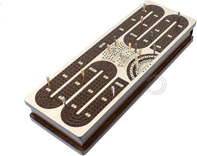 Continuous Cribbage Board/Box Inlaid in Maple/Rosewood : 4 Track - Storage Drawer for Pegs & Playing Cards - Score Marking Fields for Skunks, Corners and Won Games
