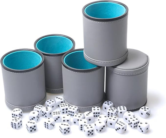 5 Pack PU Leather Dice Cups Velvet Felt-Lined Shaker Cups with 30 Dot Dice for Bar Party Yahtzee Farkle Dice Games, Grey