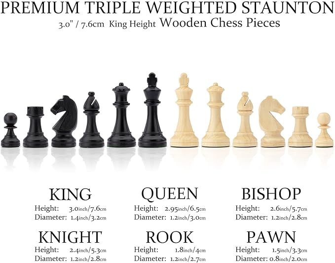 A&A Premium Triple Weighted Staunton Wooden Chess Pieces w/ 2 Extra Queen - King Height 3" / 7.6cm / 2 Storage Bags