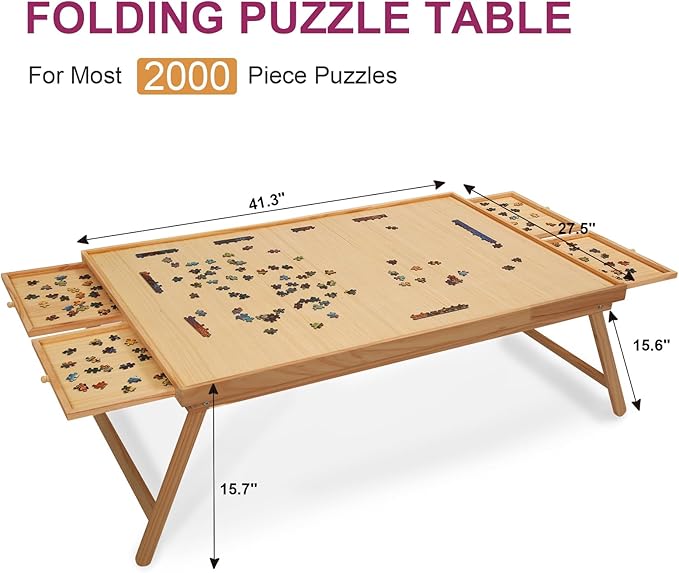 TEAKMAMA 2000 Piece Wooden Jigsaw Puzzle Board with 4 Drawers, Folding Puzzle Table with Protective Cover, Jigsaw Board with Legs, Multifunctional Game Table for Adults, 41.3W x 27.5D, Natural