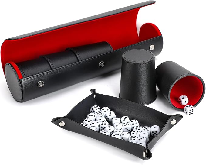 Party Games Leather Dice Cup Set, 5 Dice Cups+25 Dice+1 Folding Tray Exclusive Storage and Transport Case Made of Faux