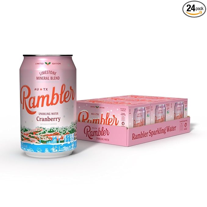 AUTX RAMBLER Sparkling Water, Texas Limestone Mineral Blend, Cranberry Flavor, Limited Edition, 12-Ounce Cans, Three 8-Packs (24 Cans)