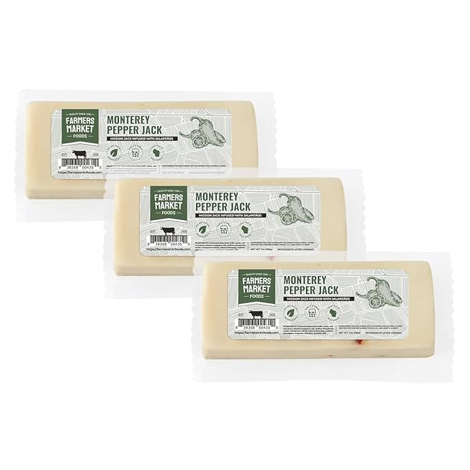 Farmers' Market Monterey Pepper Jack Cheese Block 7oz, Shelf Stable, Locally Sourced Wisconsin Cheese, All Natural Snack, Perfect for Slicing and Shredding, 3-Pack